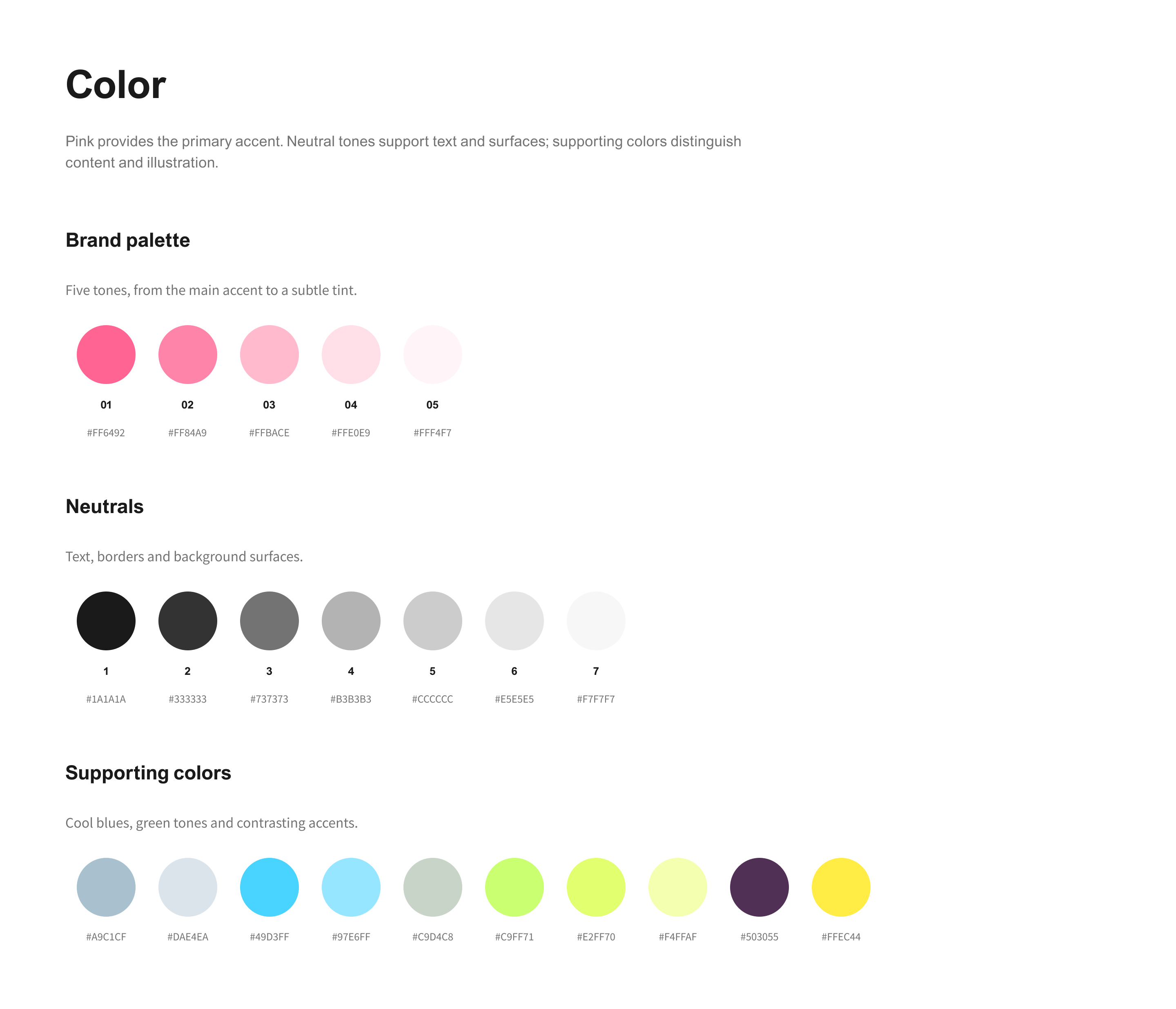 Color — brand palette, neutrals and supporting colors