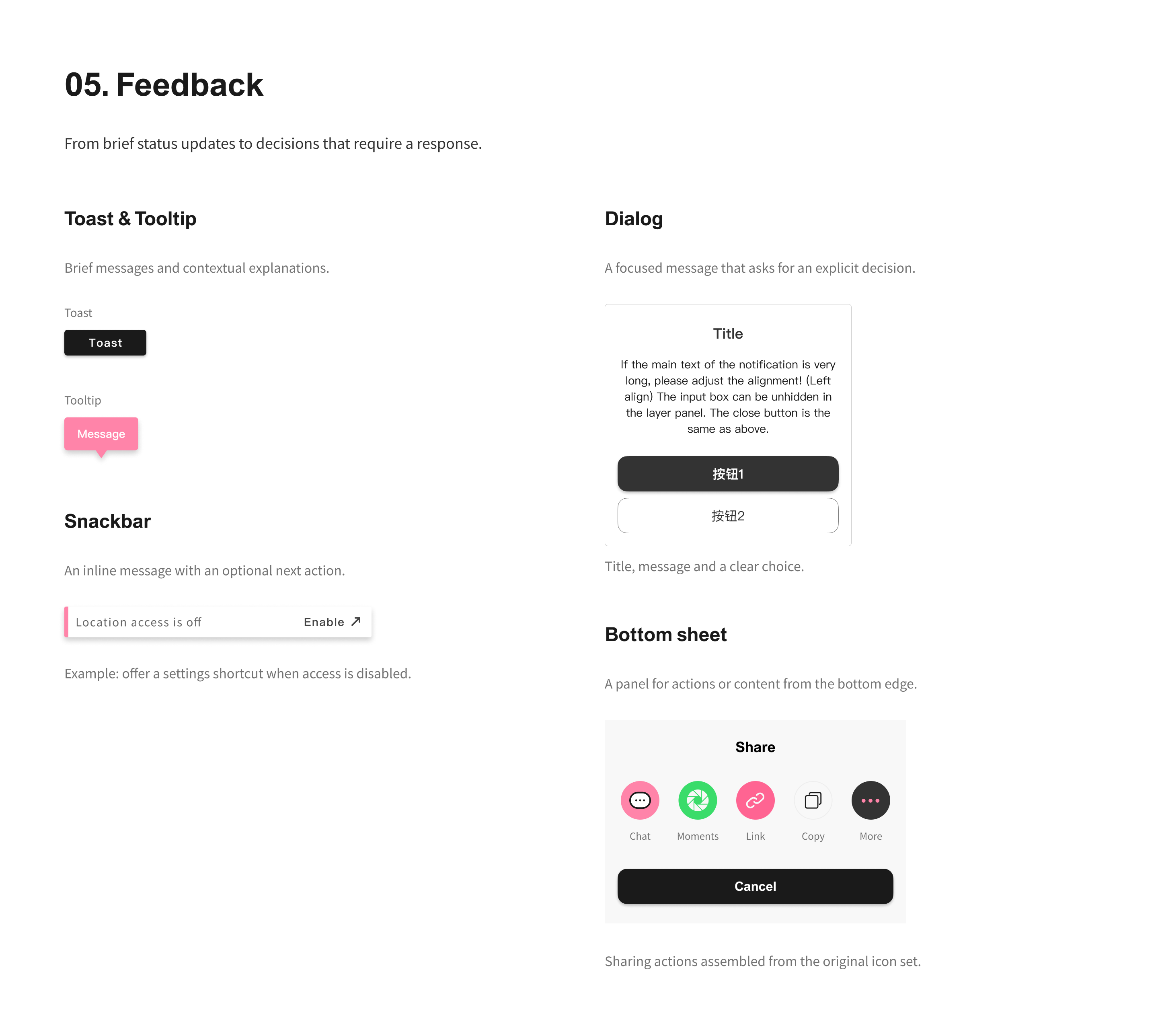 Feedback — status, messages and overlays