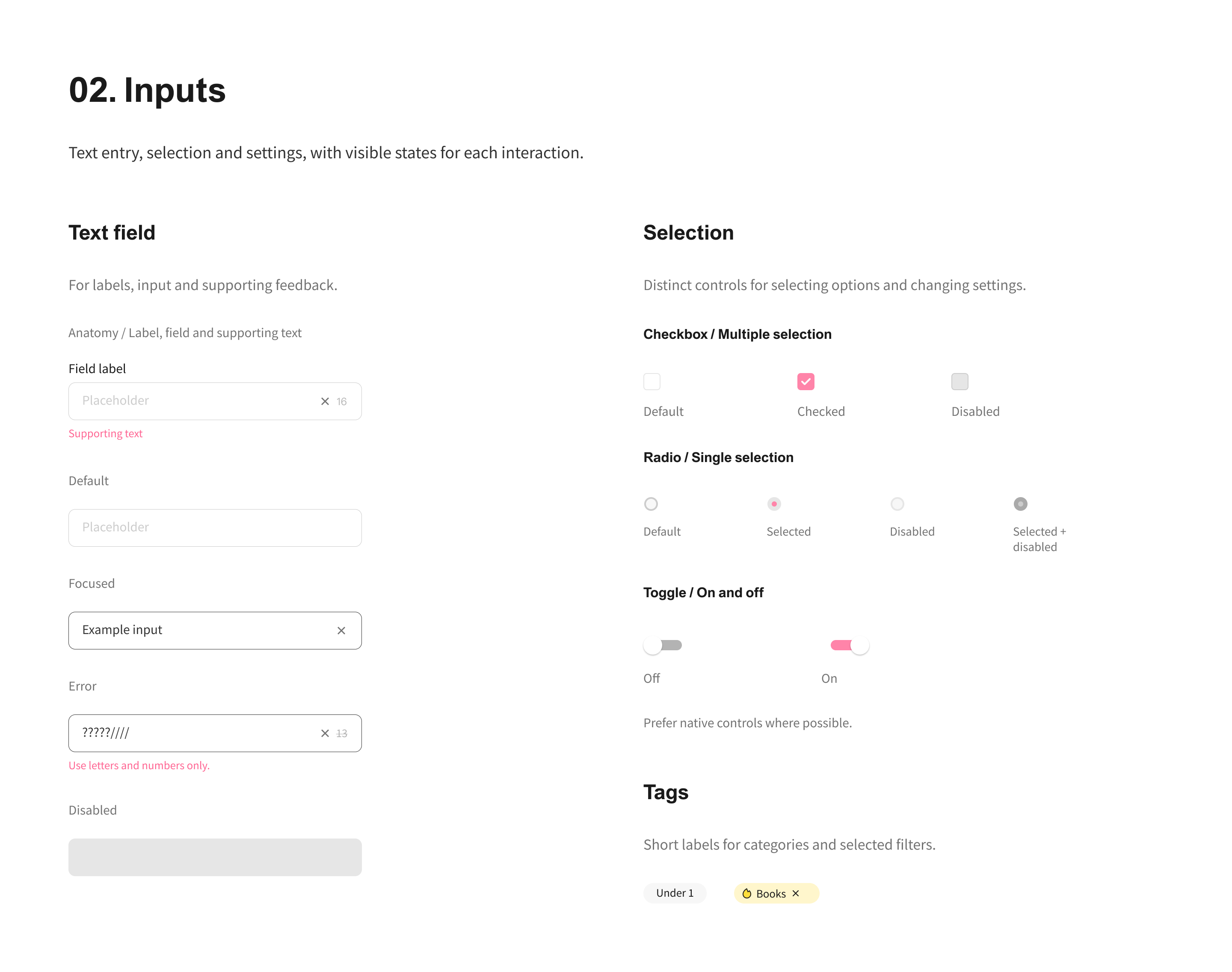 Inputs — text fields and selection controls