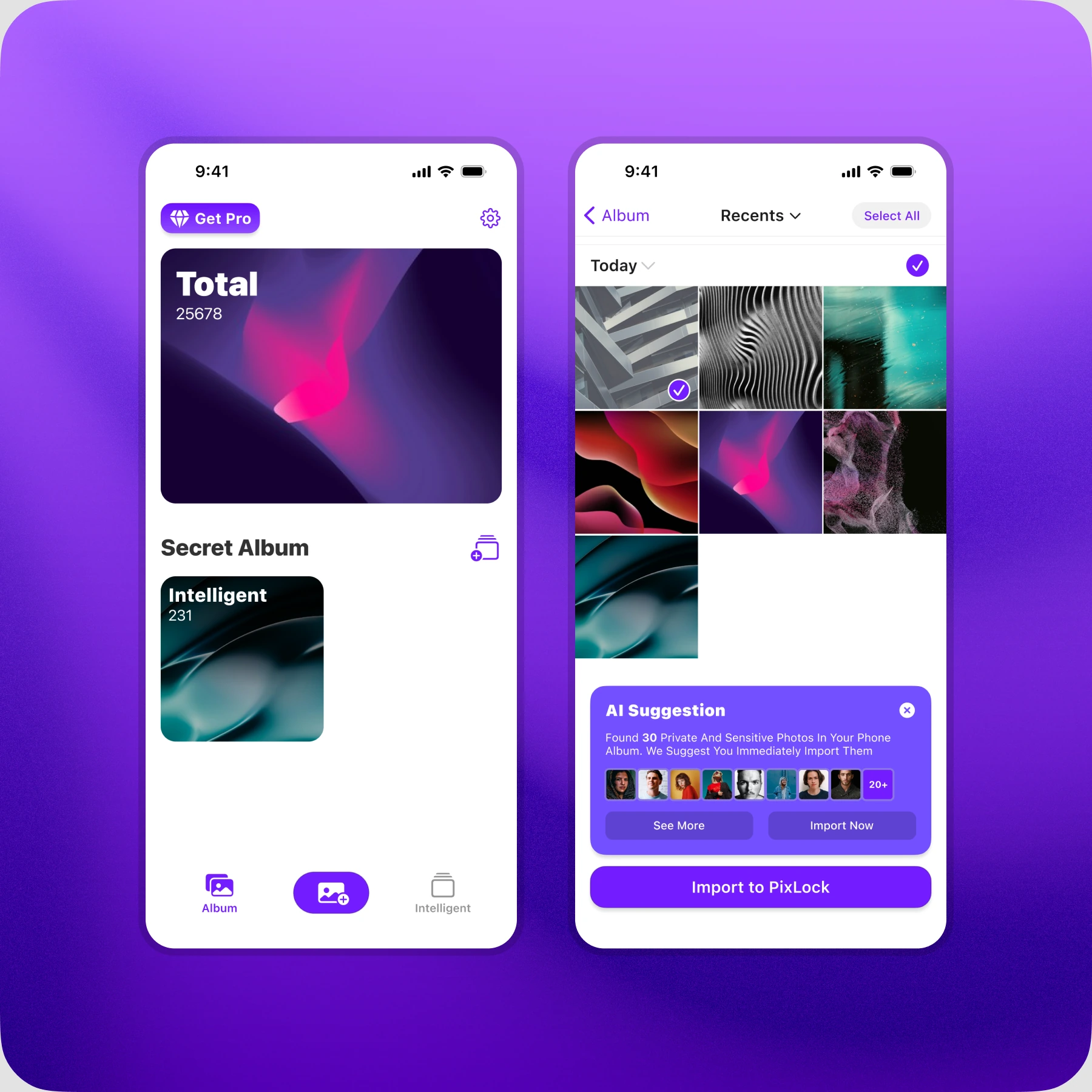 PixLock 私密相册与照片导入界面